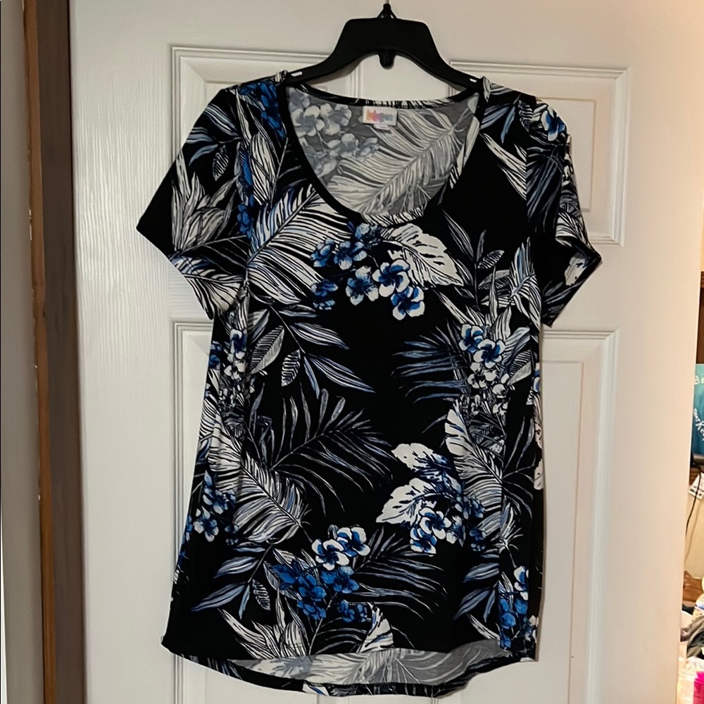 LuLaRoe Black V-Neck Short Sleeve Top with Blue & White Floral Print